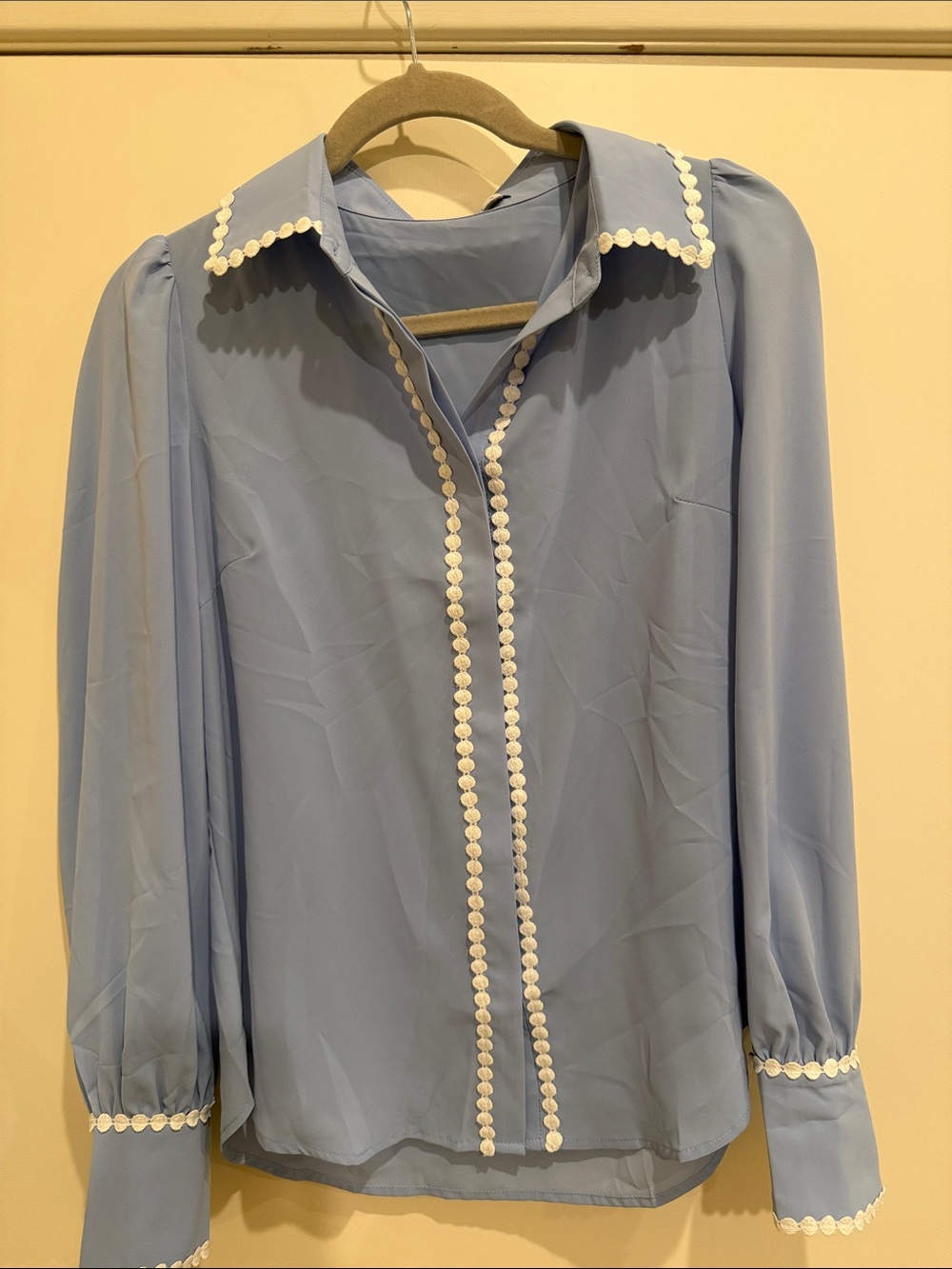 Light Blue Long-Sleeve Blouse with White Scallop Trim